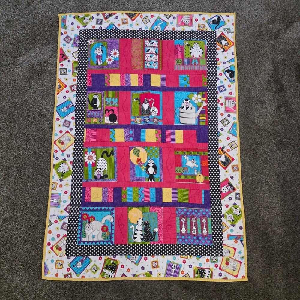 Handmade Sue Marsh‎ Caterwauling Tales Cat Baby Toddler Quilt Wall Hanging 48x34